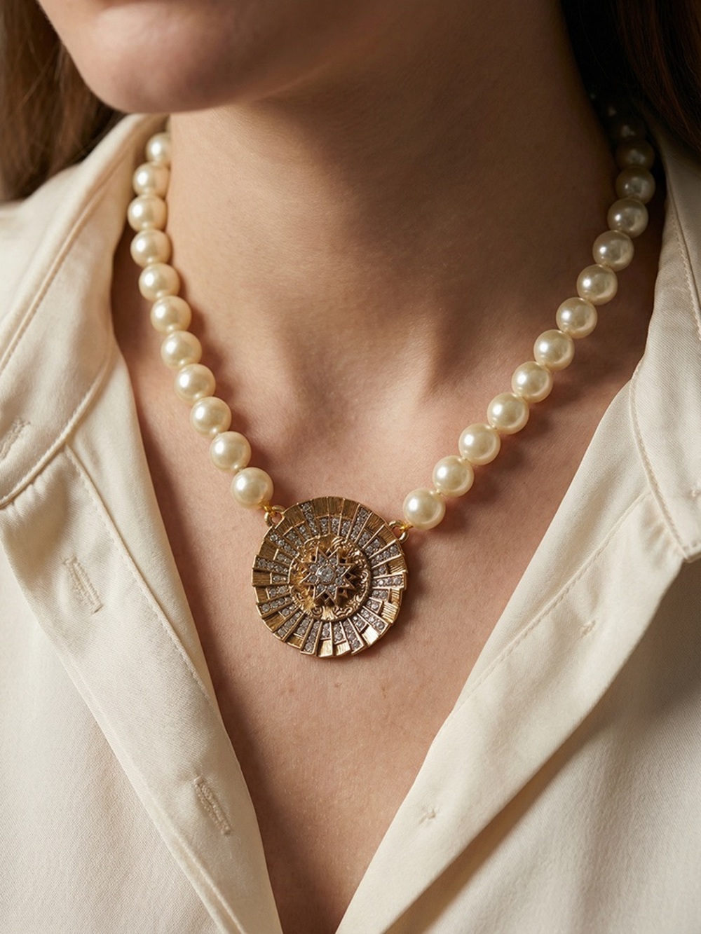 Pearl Beaded Necklace with Gold Medallion